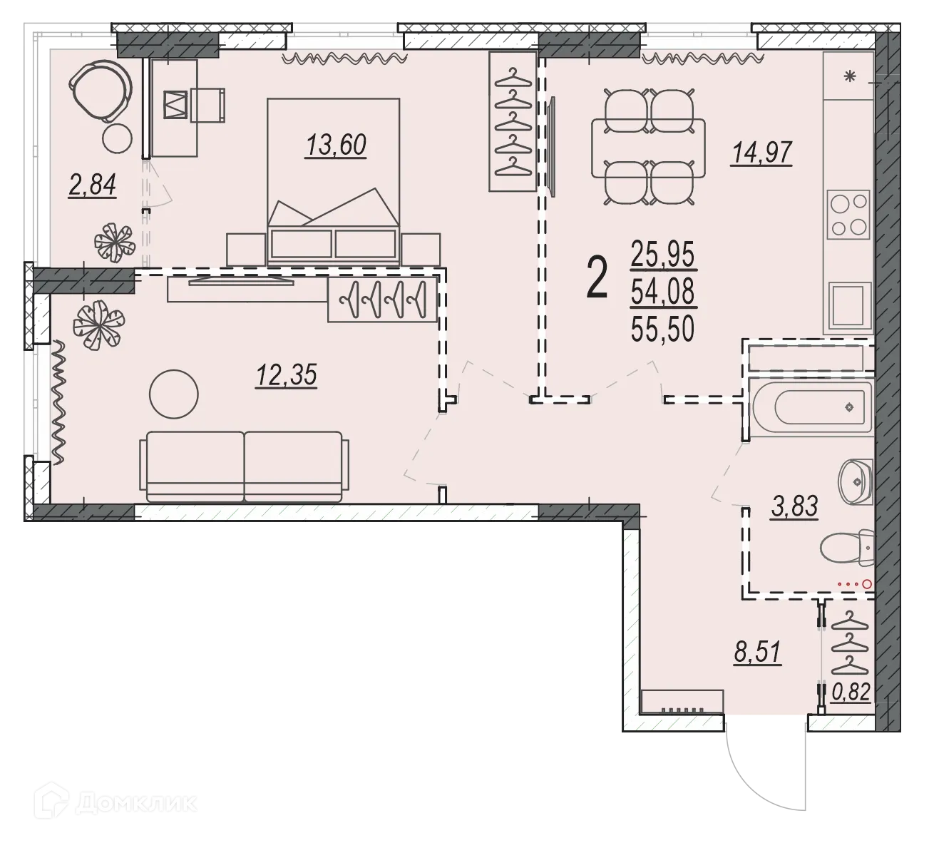 Планировка 2-комнатной квартиры 55.5 м² в ЖК на 35 Гвардейской, г. Волгоград — фото 1