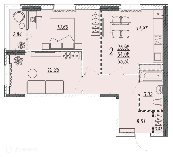 Планировка 2 комн. в ЖК на 35 Гвардейской