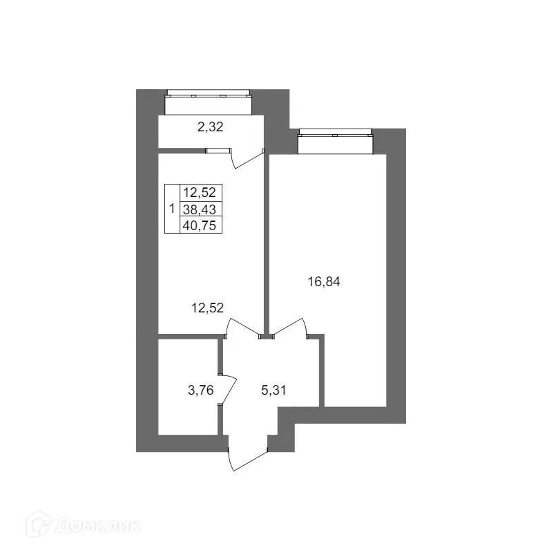 Планировка 1-комнатной квартиры 40.75 м² в ЖК Клубный дом на Жукова, г. Волгоград — фото 1