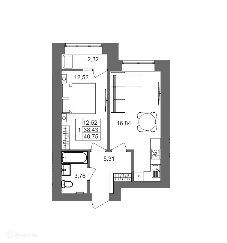 Планировка 1-комнатной квартиры 40.75 м² в ЖК Клубный дом на Жукова, г. Волгоград — фото 2