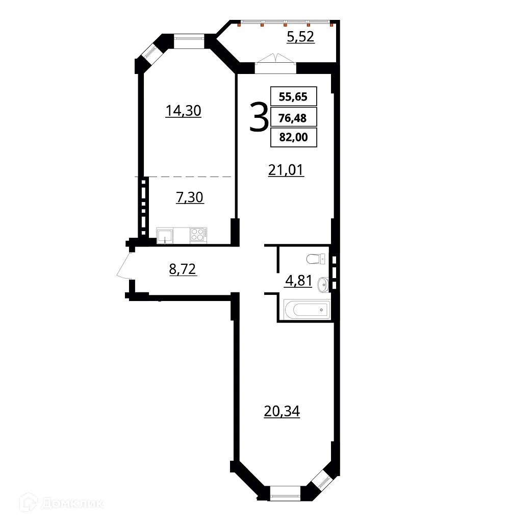 Планировка 3-комнатной квартиры 82 м² в ЖК "Резиденция", г. Волгоград — фото 3
