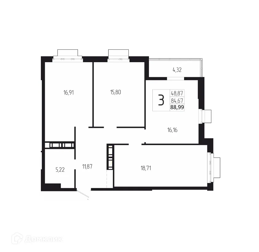 Планировка 3-комнатной квартиры 88.99 м² в ЖК ДУЭТ, г. Волгоград — фото 1