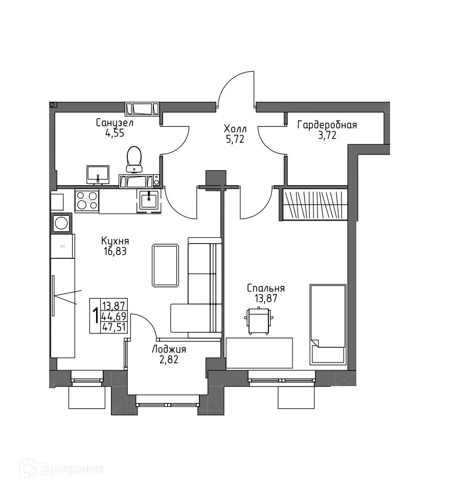 Планировка 1-комнатной квартиры 47.51 м² в ЖК ОСНОВА, г. Волгоград — фото 1