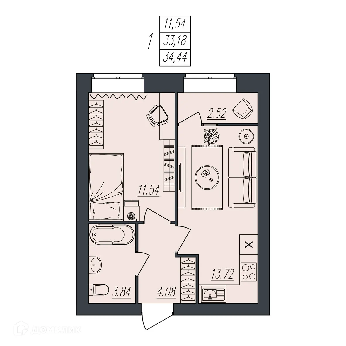 Планировка 1-комнатной квартиры 34.44 м² в ЖК на Атласова, г. Волгоград — фото 3