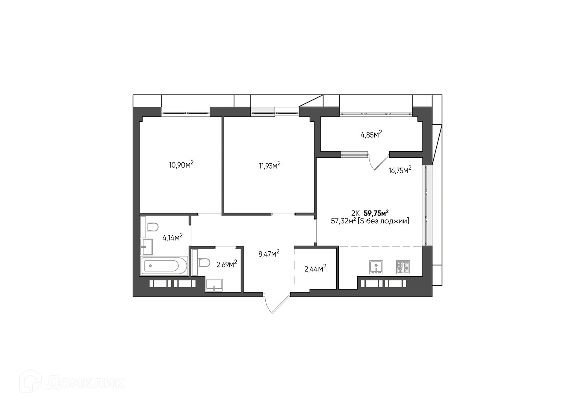 Планировка 2-комнатной квартиры 59.75 м² в ЖК URBN (Урбн), г. Волгоград — фото 11