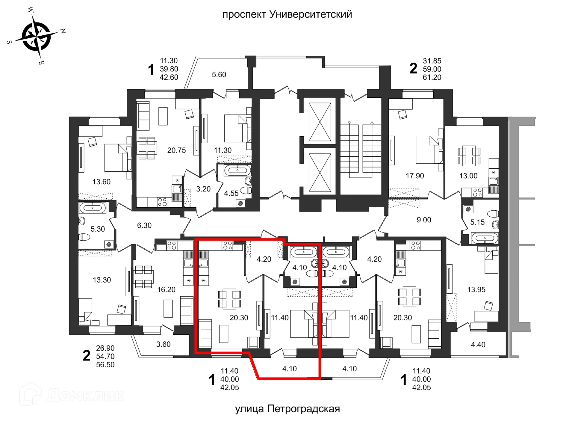 Планировка 1-комнатной квартиры 42.05 м² в ЖК "Балтийский", г. Волгоград — фото 3