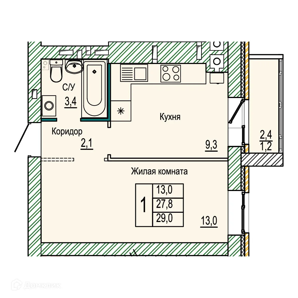 Планировка 1-комнатной квартиры 29 м² в ЖК Колизей, г. Волгоград — фото 1