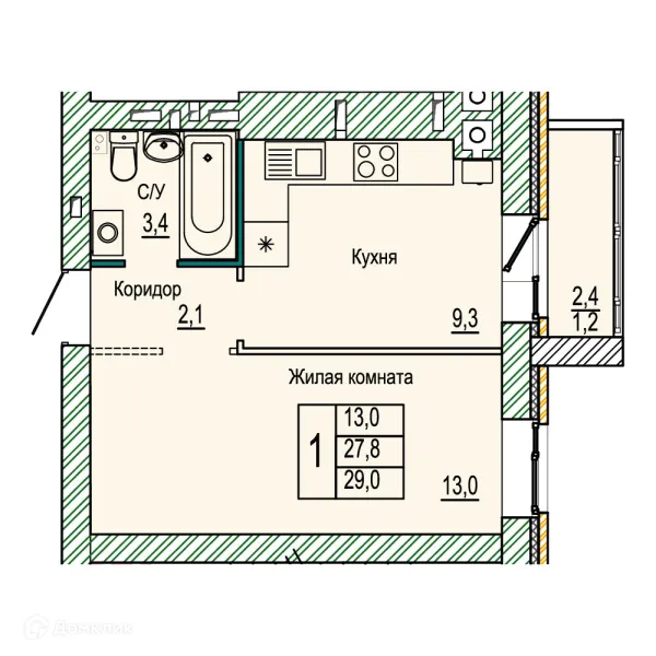Планировка 1 комн. в ЖК Колизей