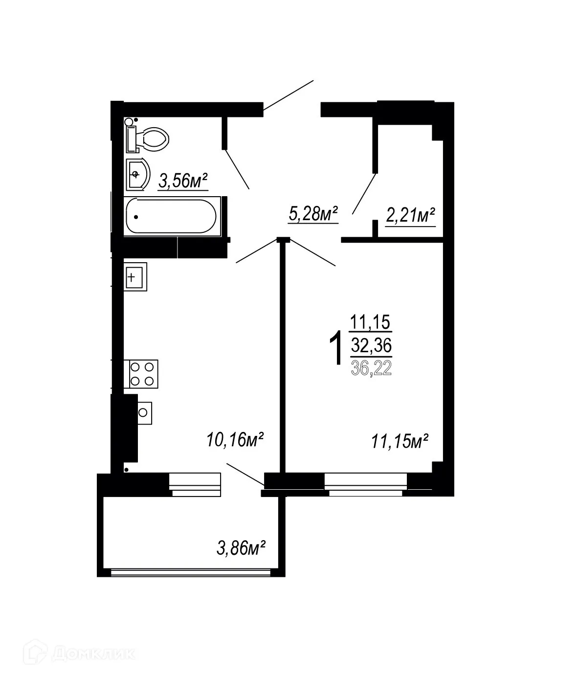 Планировка 1-комнатной квартиры 36.22 м² в ЖК по улице Полины Осипенко, г. Волгоград — фото 1
