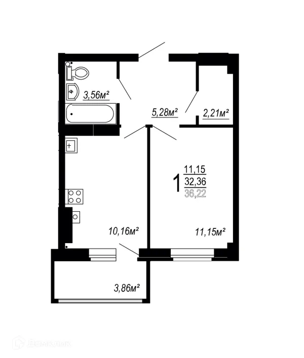 Планировка 1 комн. в ЖК по улице Полины Осипенко