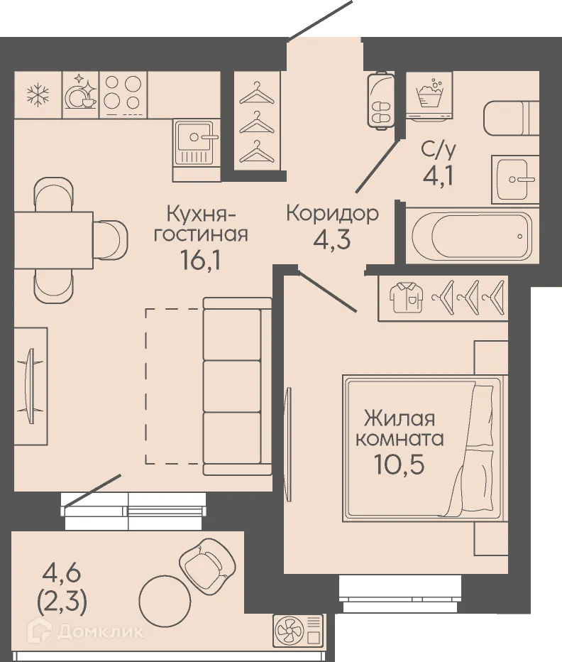 Планировка 1-комнатной квартиры 37.3 м² в ЖК Крылья Качи, г. Волгоград — фото 1