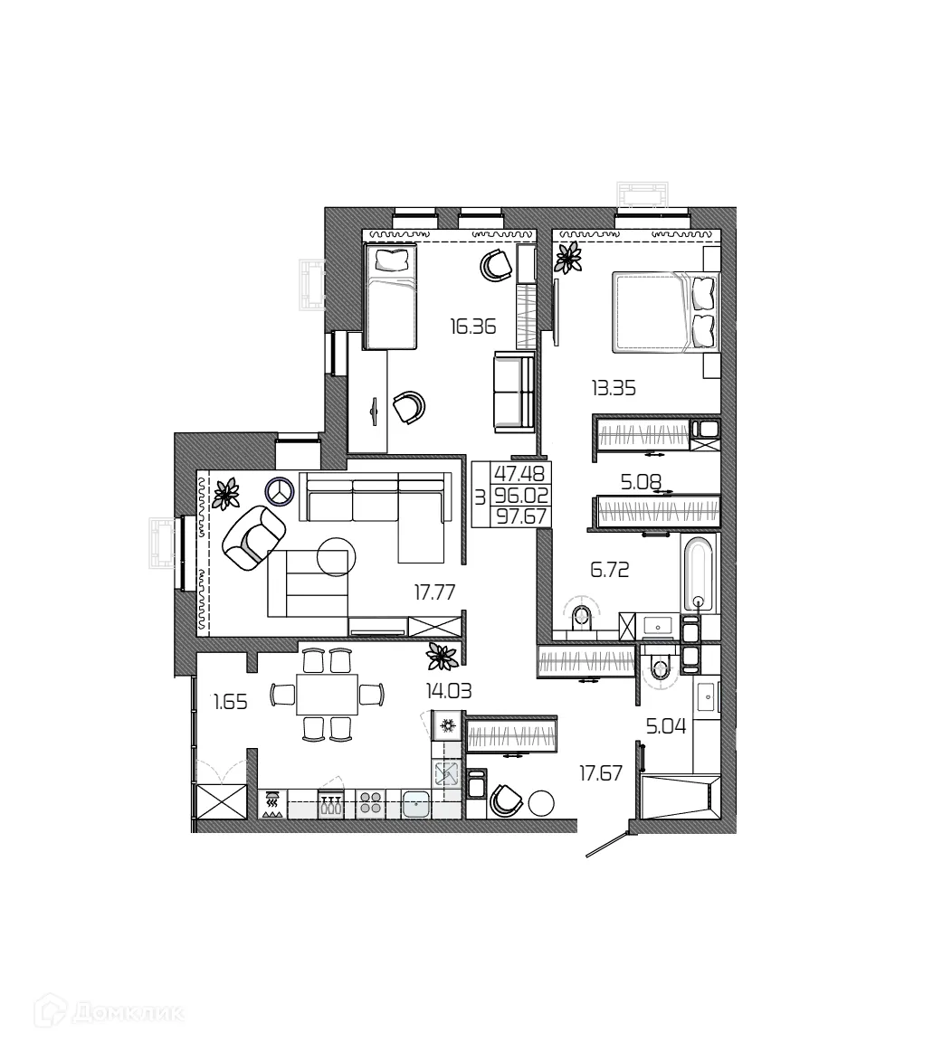 Планировка 3-комнатной квартиры 97.67 м² в ЖК СЕЛЕНА, г. Волгоград — фото 2