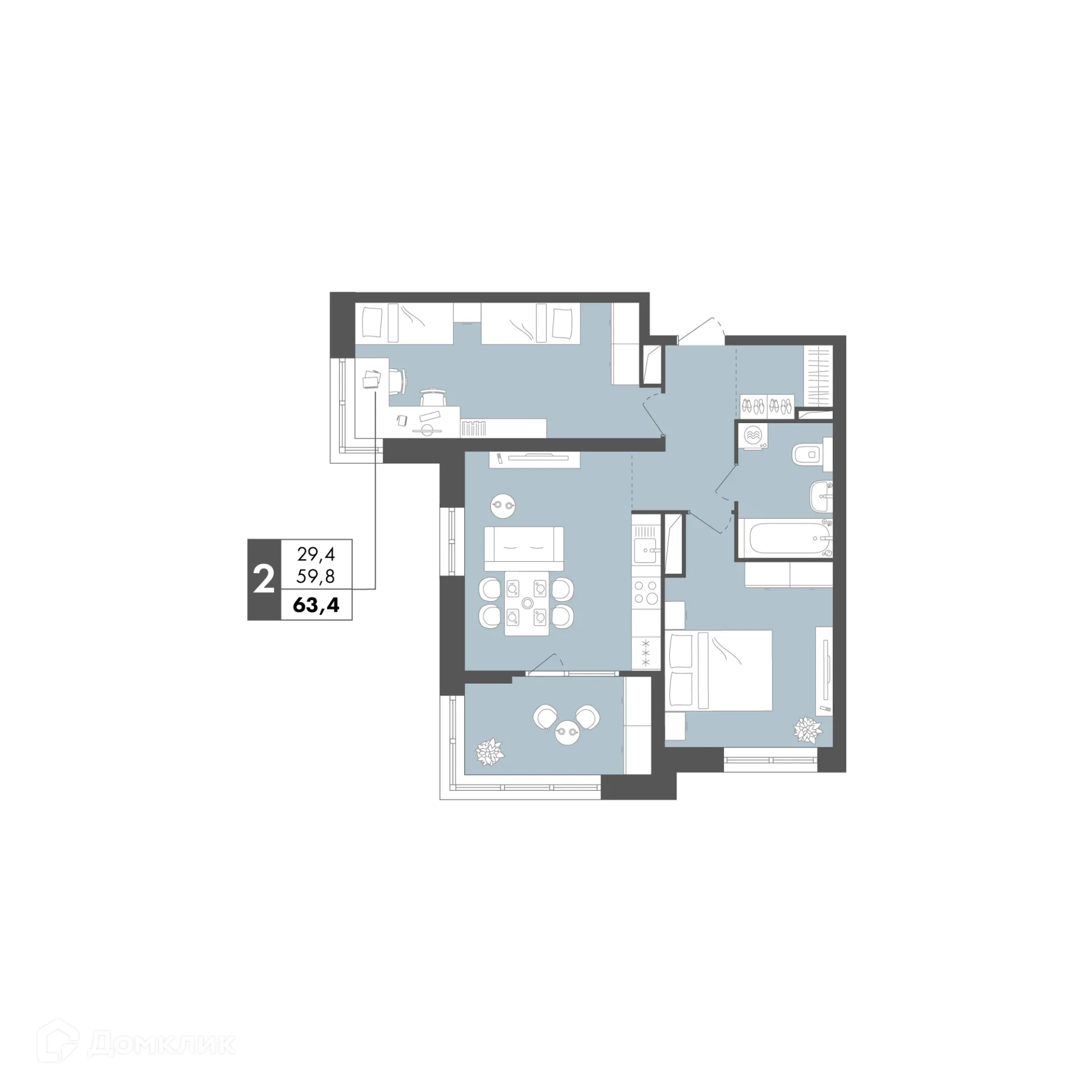Планировка 2-комнатной квартиры 63.4 м² в ЖК Маяк на Двинской, г. Волгоград — фото 22