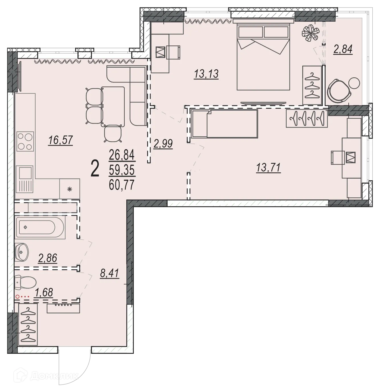 Планировка 2-комнатной квартиры 60.77 м² в ЖК на 35 Гвардейской, г. Волгоград — фото 7