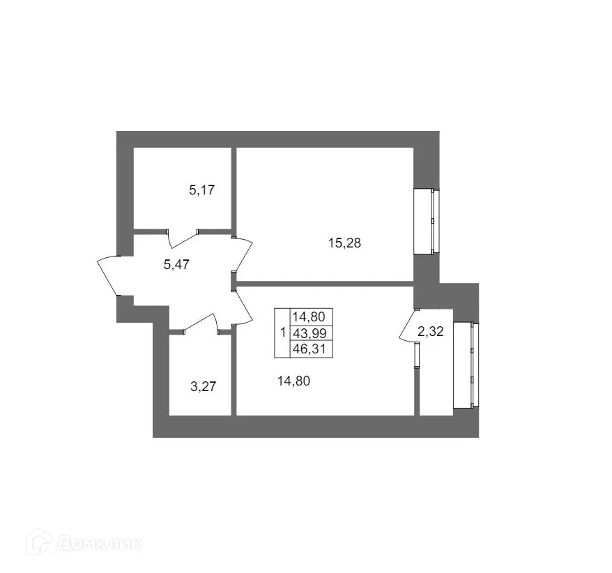 Планировка 1-комнатной квартиры 46.31 м² в ЖК Клубный дом на Жукова, г. Волгоград — фото 1
