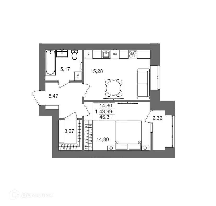 Планировка 1-комнатной квартиры 46.31 м² в ЖК Клубный дом на Жукова, г. Волгоград — фото 2