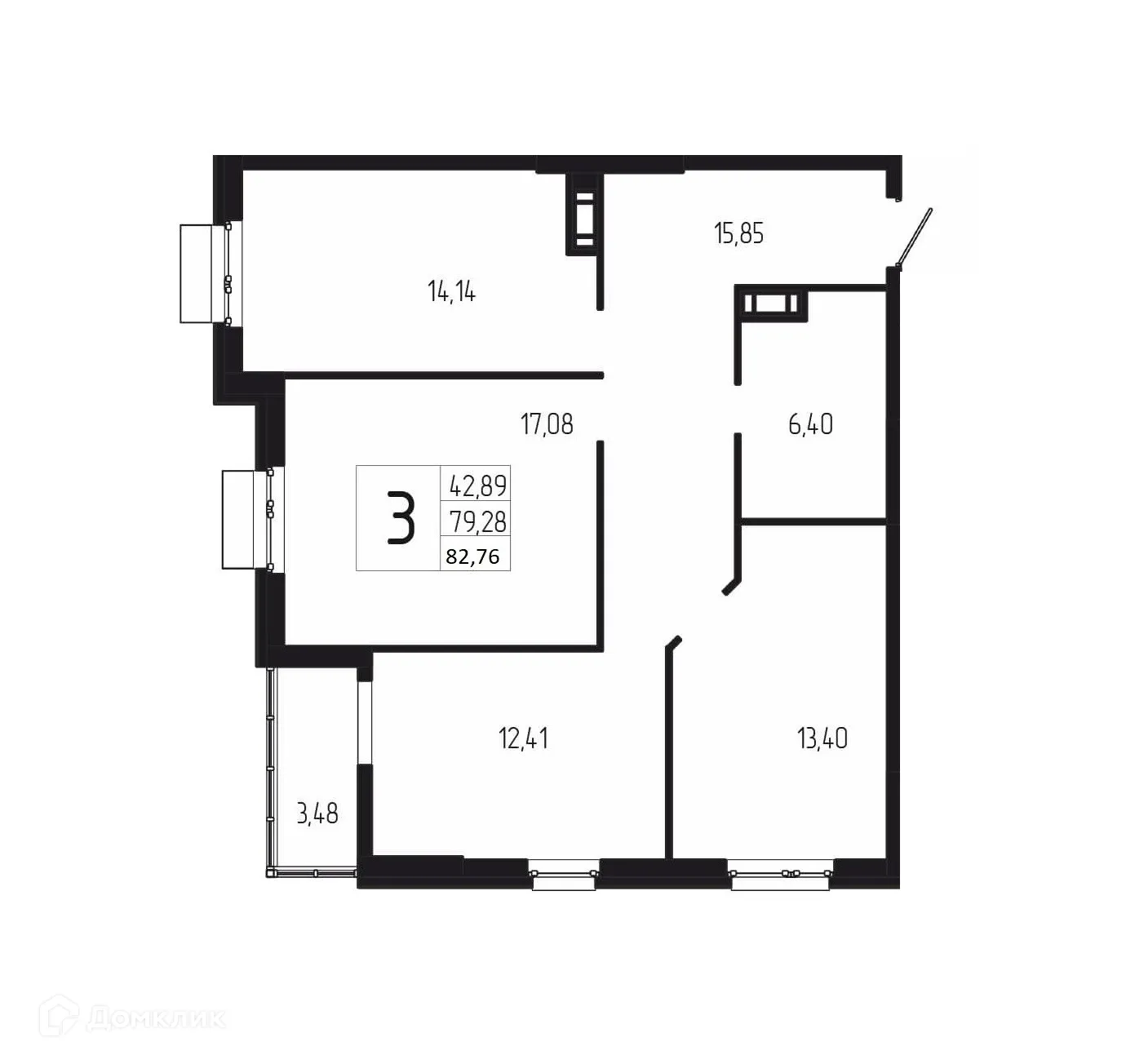 Планировка 3-комнатной квартиры 82.76 м² в ЖК ДУЭТ, г. Волгоград — фото 1