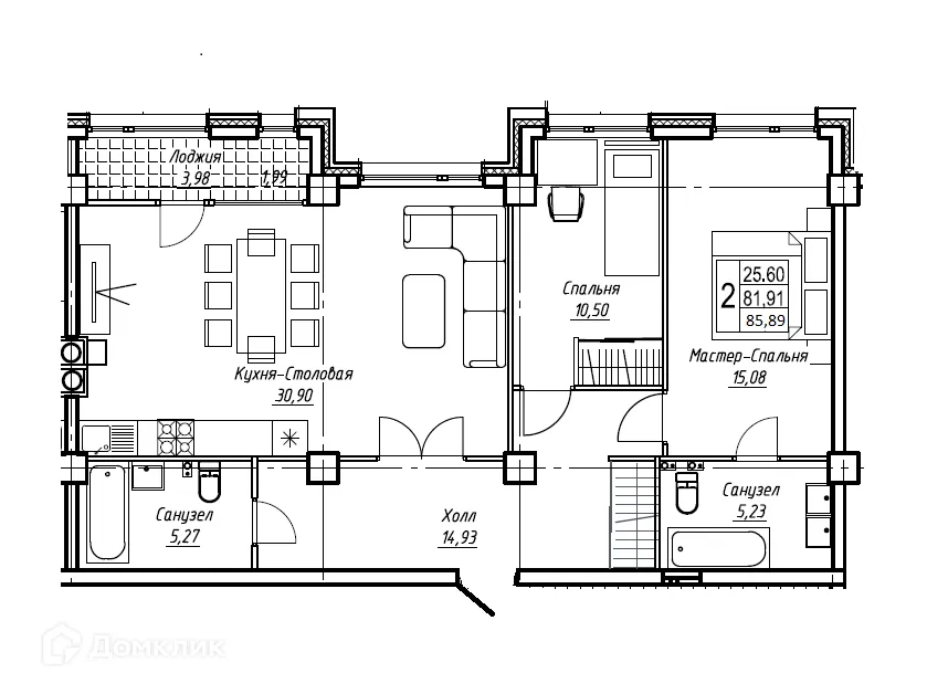 Планировка 2-комнатной квартиры 85.89 м² в ЖК ОСНОВА, г. Волгоград — фото 3
