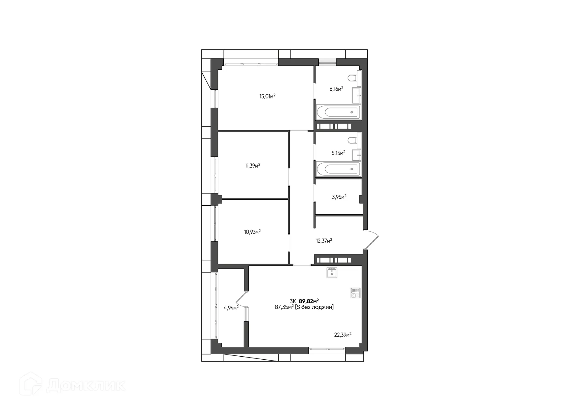 Планировка 3-комнатной квартиры 89.82 м² в ЖК URBN (Урбн), г. Волгоград — фото 11