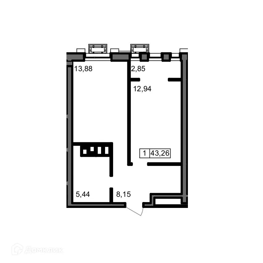 Планировка 1-комнатной квартиры 43.26 м² в ЖК ОМЕГА, г. Волгоград — фото 1