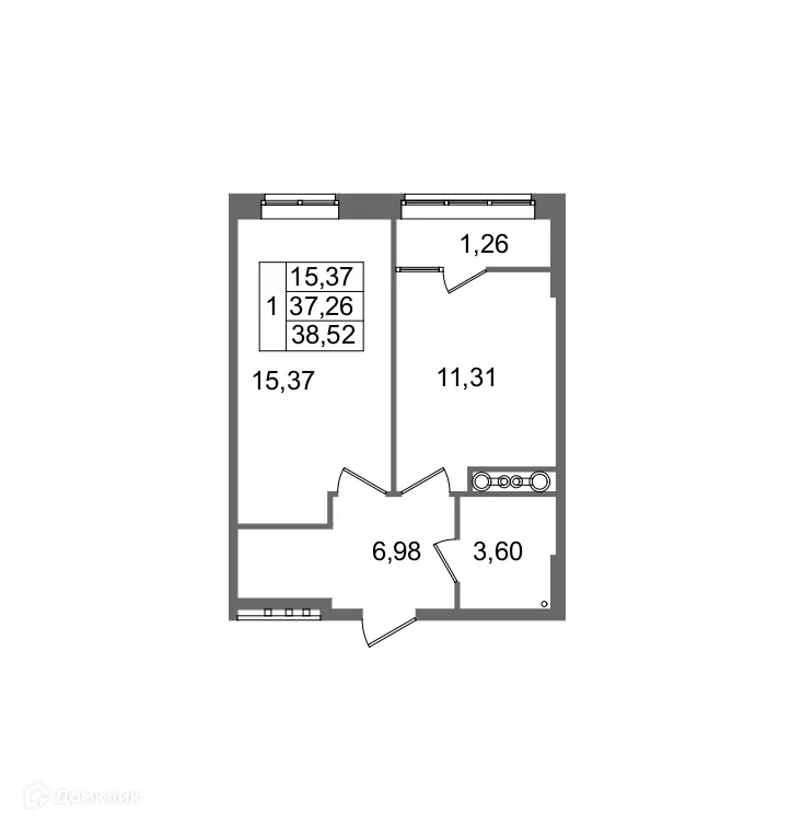 Планировка 1-комнатной квартиры 38.52 м² в ЖК Гармония, г. Волгоград — фото 1