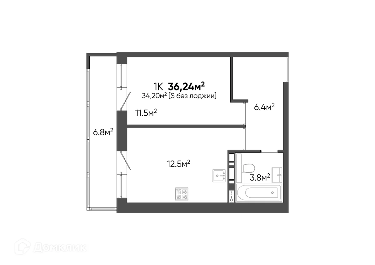 Планировка 1-комнатной квартиры 36.24 м² в ЖК Квартал, г. Волгоград — фото 1