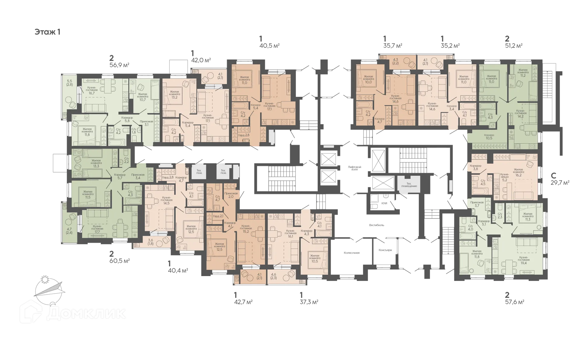 Планировка 1-комнатной квартиры 42.7 м² в ЖК Крылья Качи, г. Волгоград — фото 5