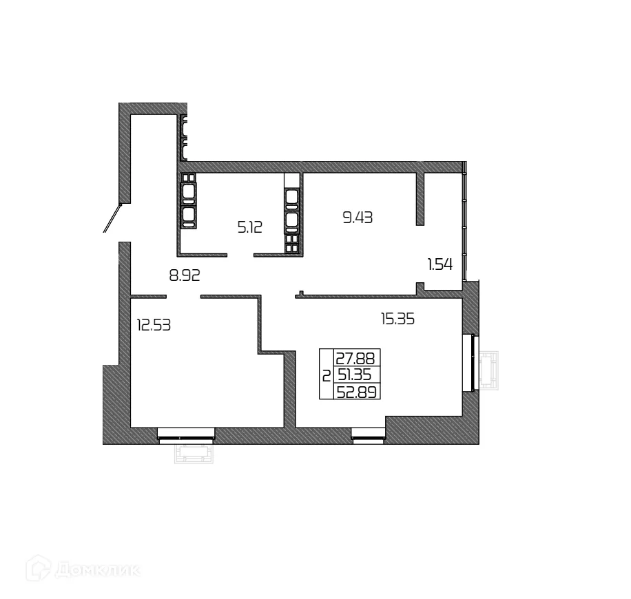 Планировка 2-комнатной квартиры 52.89 м² в ЖК СЕЛЕНА, г. Волгоград — фото 12