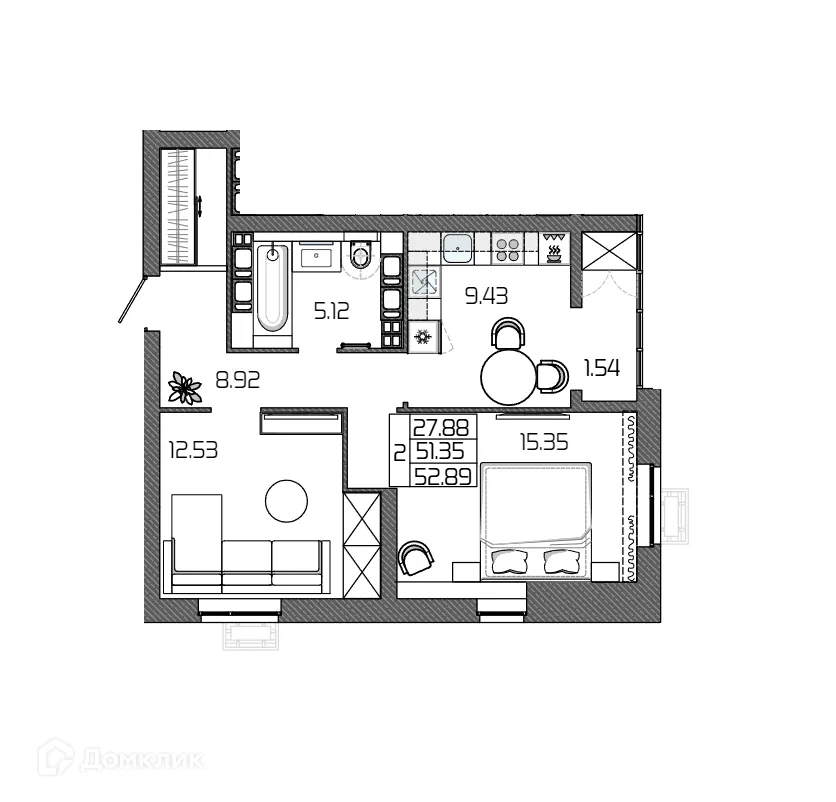 Планировка 2-комнатной квартиры 52.89 м² в ЖК СЕЛЕНА, г. Волгоград — фото 13