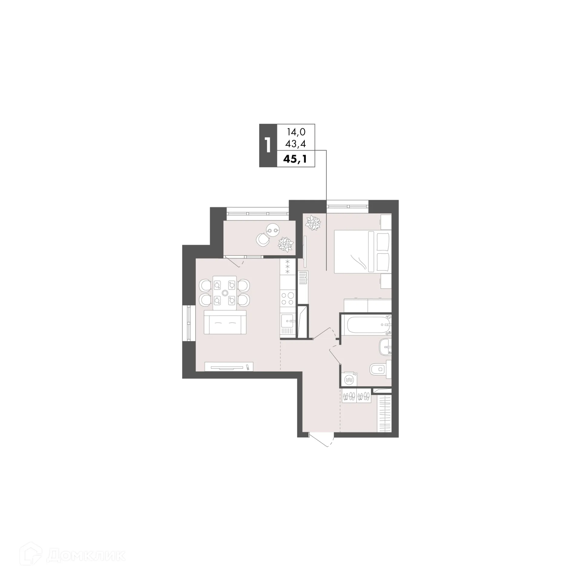 Планировка 1-комнатной квартиры 45.1 м² в ЖК Маяк на Двинской, г. Волгоград — фото 24