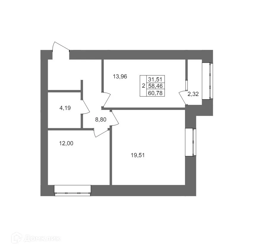 Планировка 2-комнатной квартиры 60.78 м² в ЖК Клубный дом на Жукова, г. Волгоград — фото 11