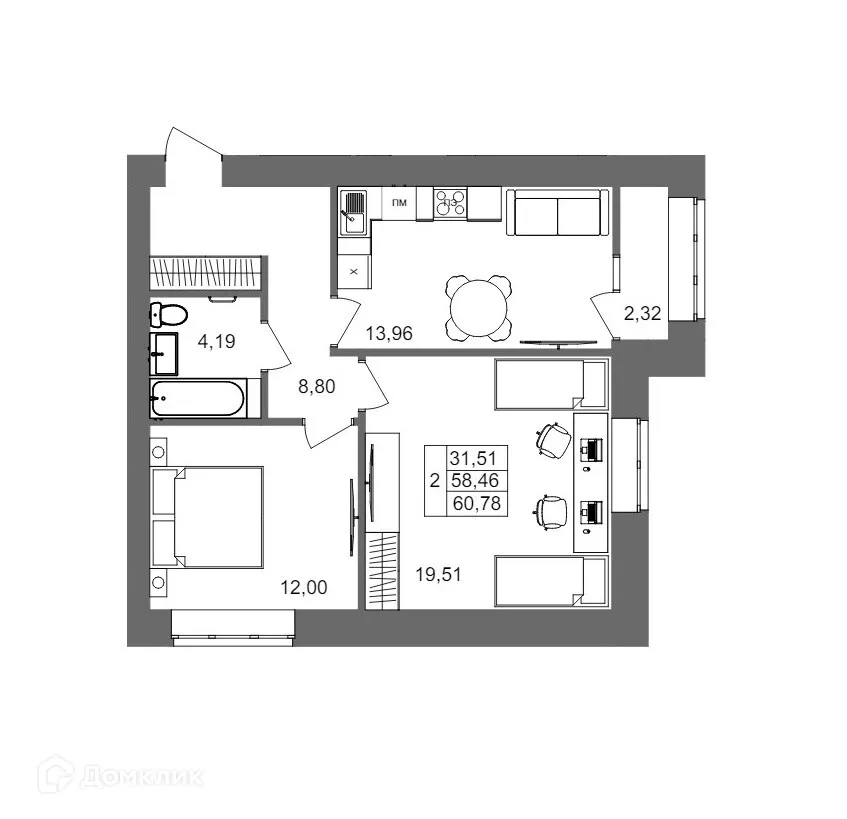 Планировка 2-комнатной квартиры 60.78 м² в ЖК Клубный дом на Жукова, г. Волгоград — фото 12