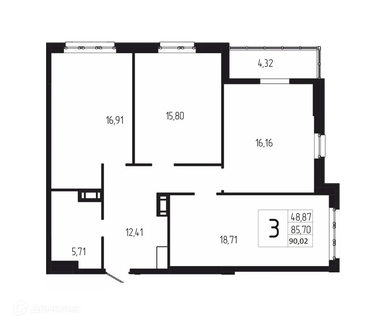 Планировка 3-комнатной квартиры 90.02 м² в ЖК ДУЭТ, г. Волгоград — фото 1