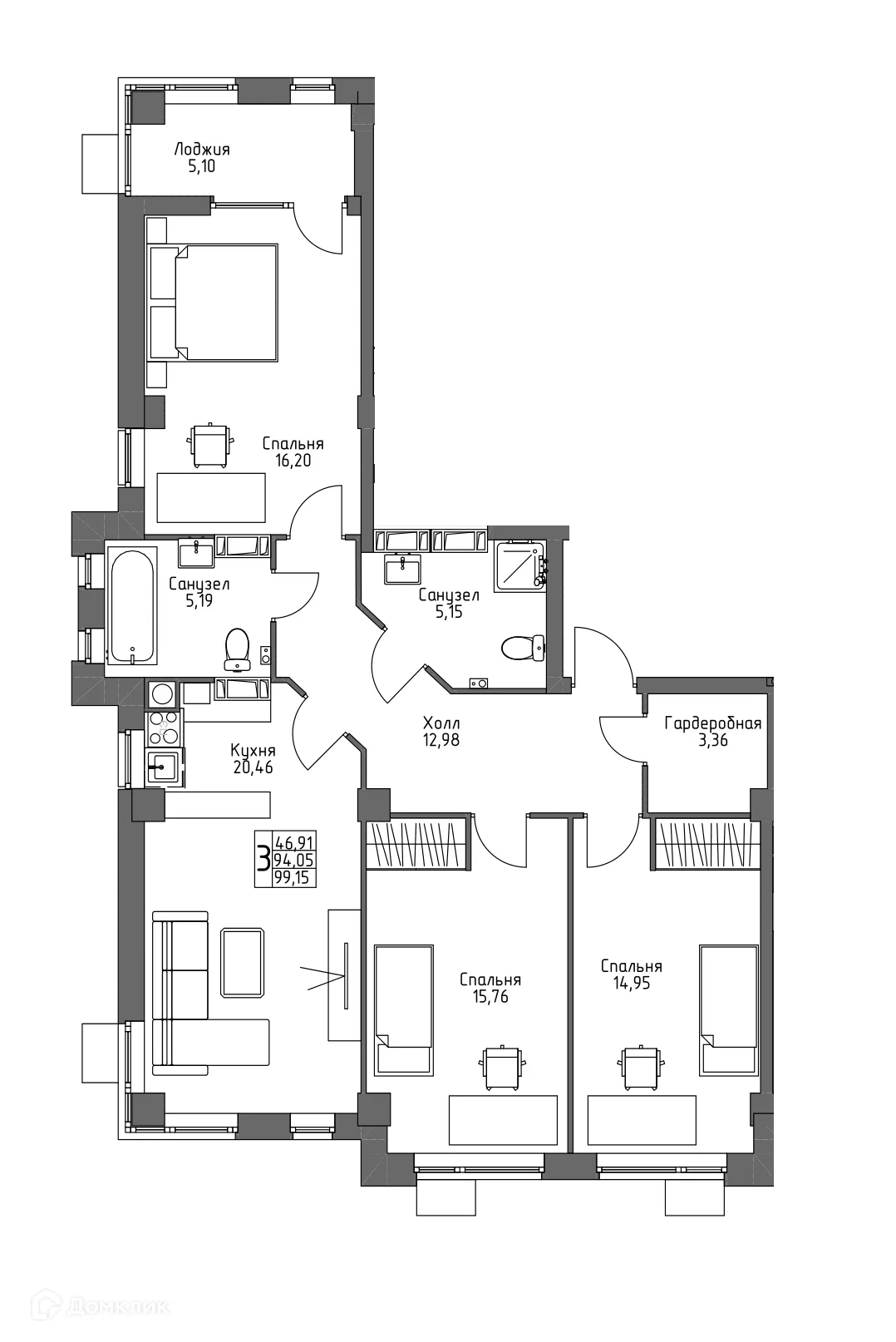 Планировка 3-комнатной квартиры 99.15 м² в ЖК ОСНОВА, г. Волгоград — фото 17