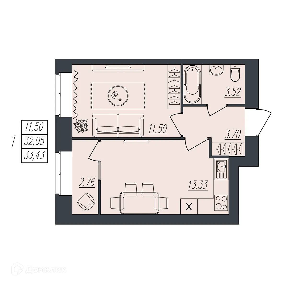 Планировка 1-комнатной квартиры 33.43 м² в ЖК на Атласова, г. Волгоград — фото 1