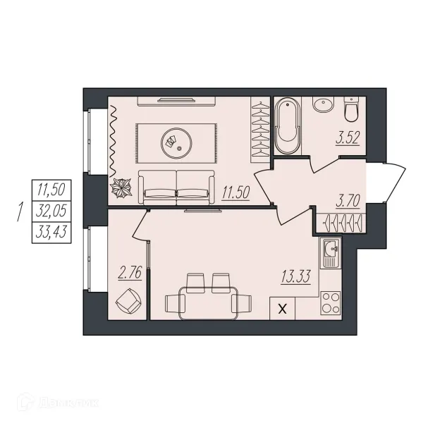 Планировка 1 комн. в ЖК на Атласова