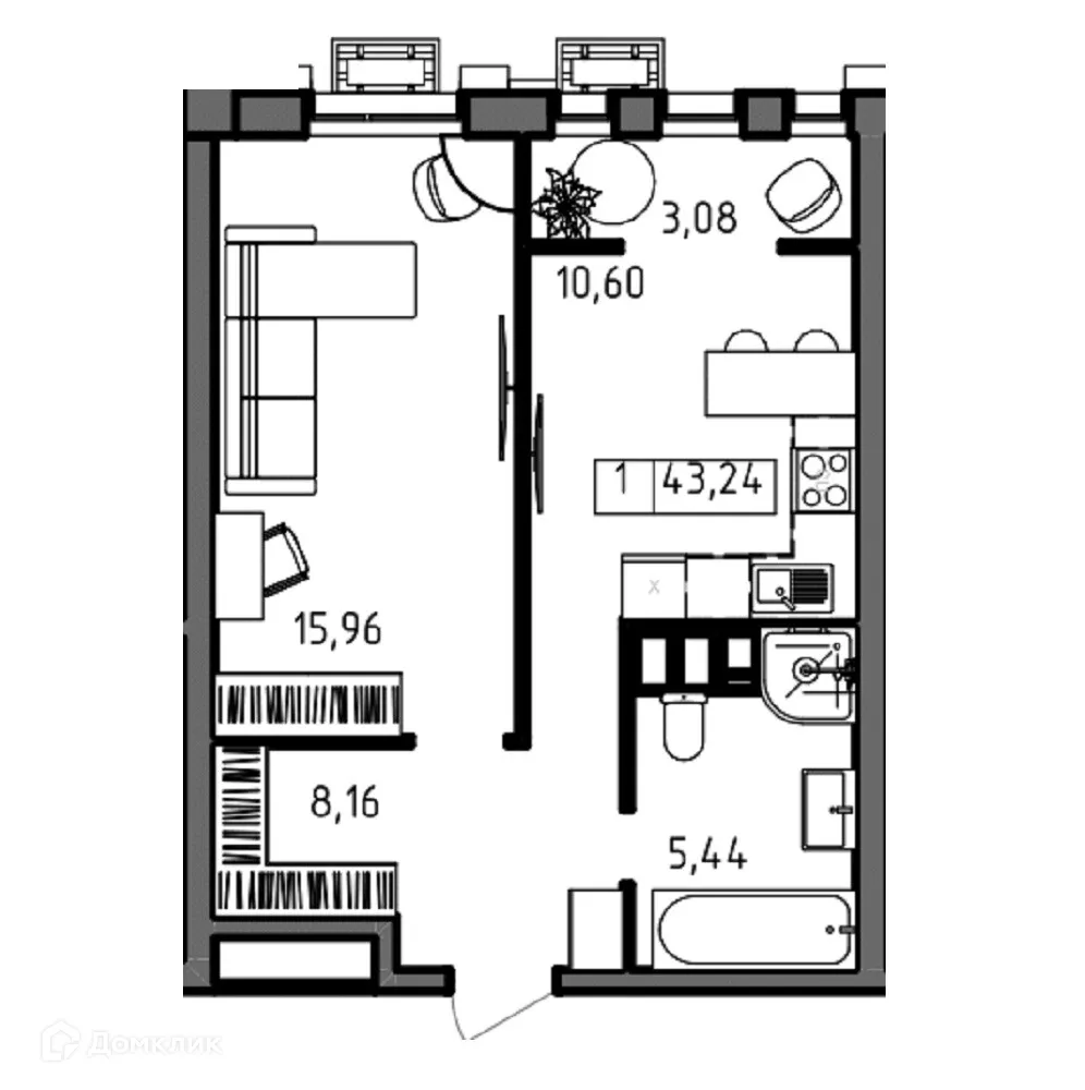 Планировка 1-комнатной квартиры 43.24 м² в ЖК ОМЕГА, г. Волгоград — фото 5