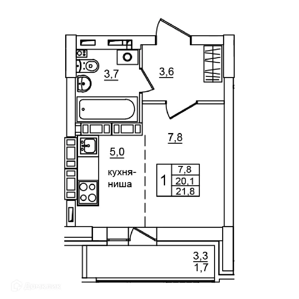 Планировка 1-комнатной квартиры 21.8 м² в ЖК Сталь, г. Волгоград — фото 1