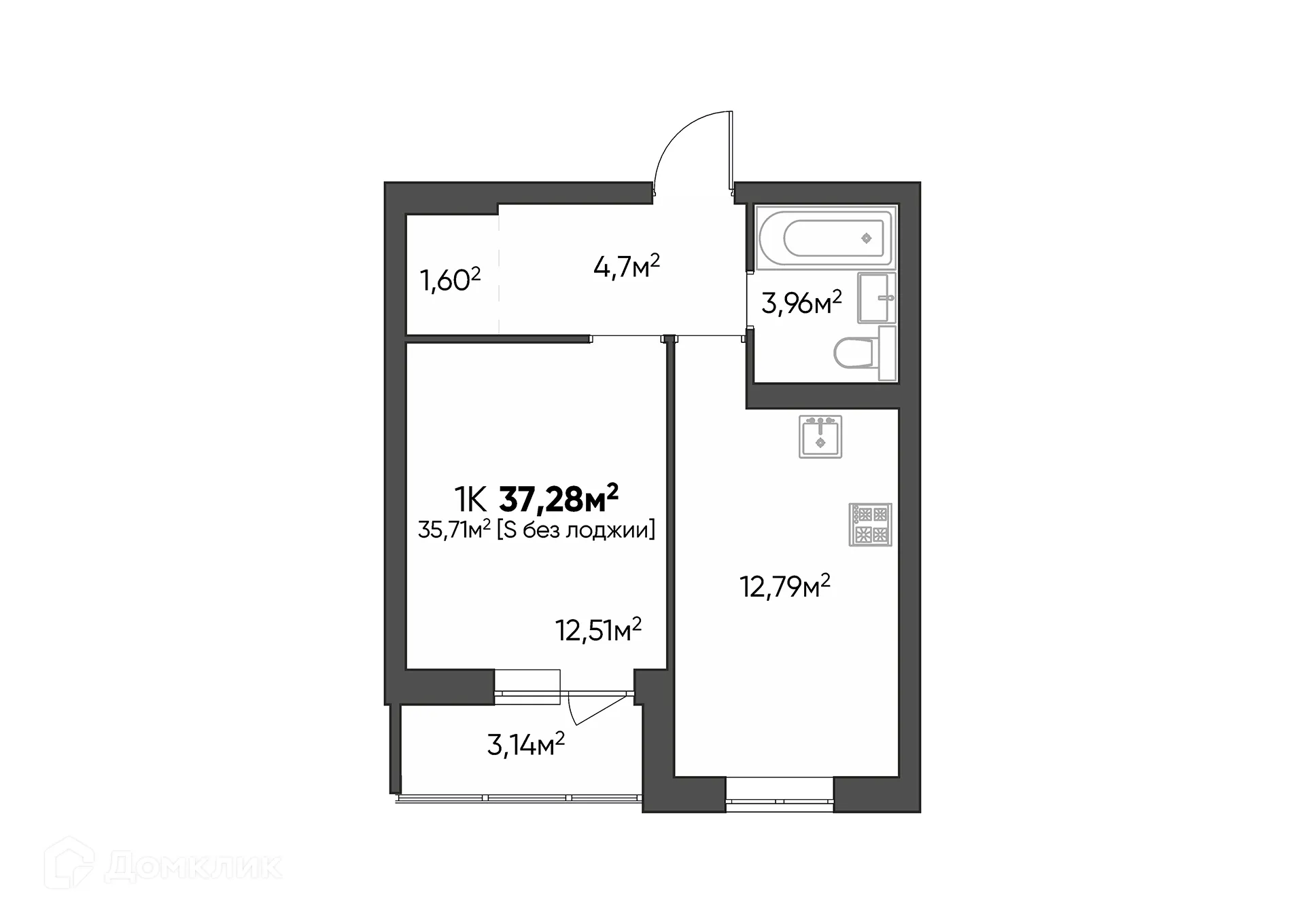 Планировка 1-комнатной квартиры 37.28 м² в ЖК Квартал, г. Волгоград — фото 2