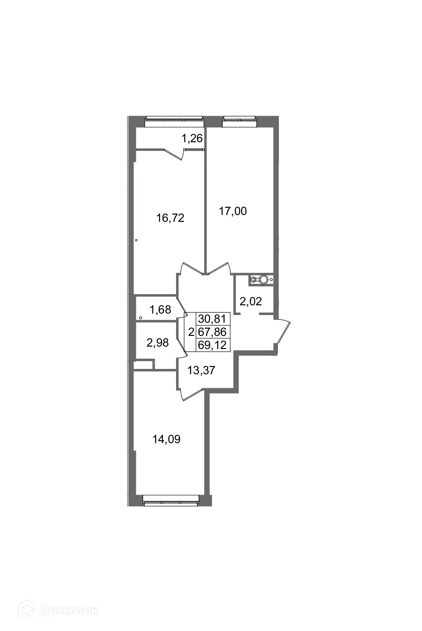 Планировка 2-комнатной квартиры 69.12 м² в ЖК Гармония, г. Волгоград — фото 7