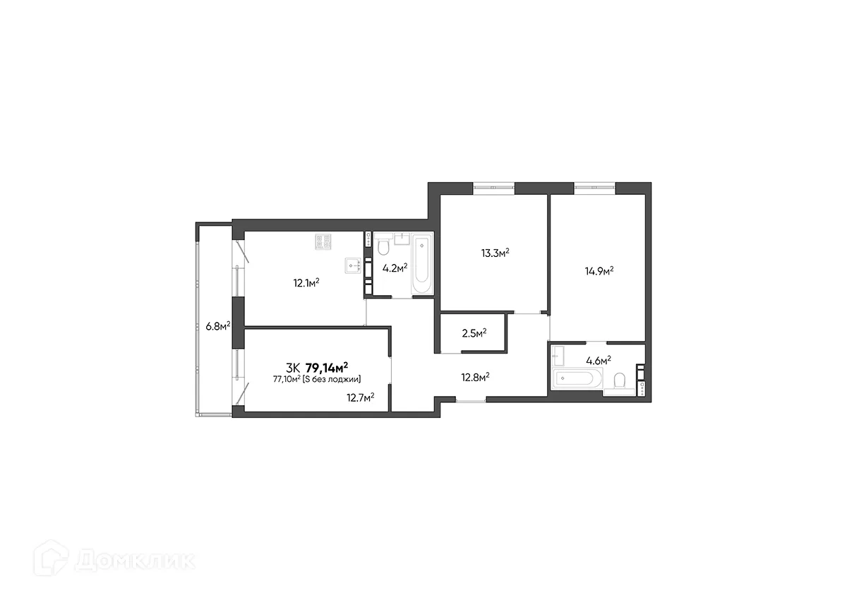 Планировка 3-комнатной квартиры 79.14 м² в ЖК Квартал, г. Волгоград — фото 1