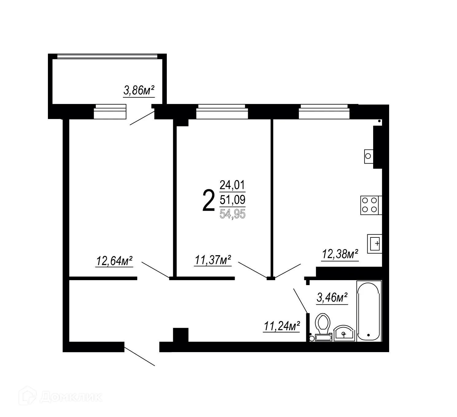 Планировка 2-комнатной квартиры 54.95 м² в ЖК по улице Полины Осипенко, г. Волгоград — фото 8