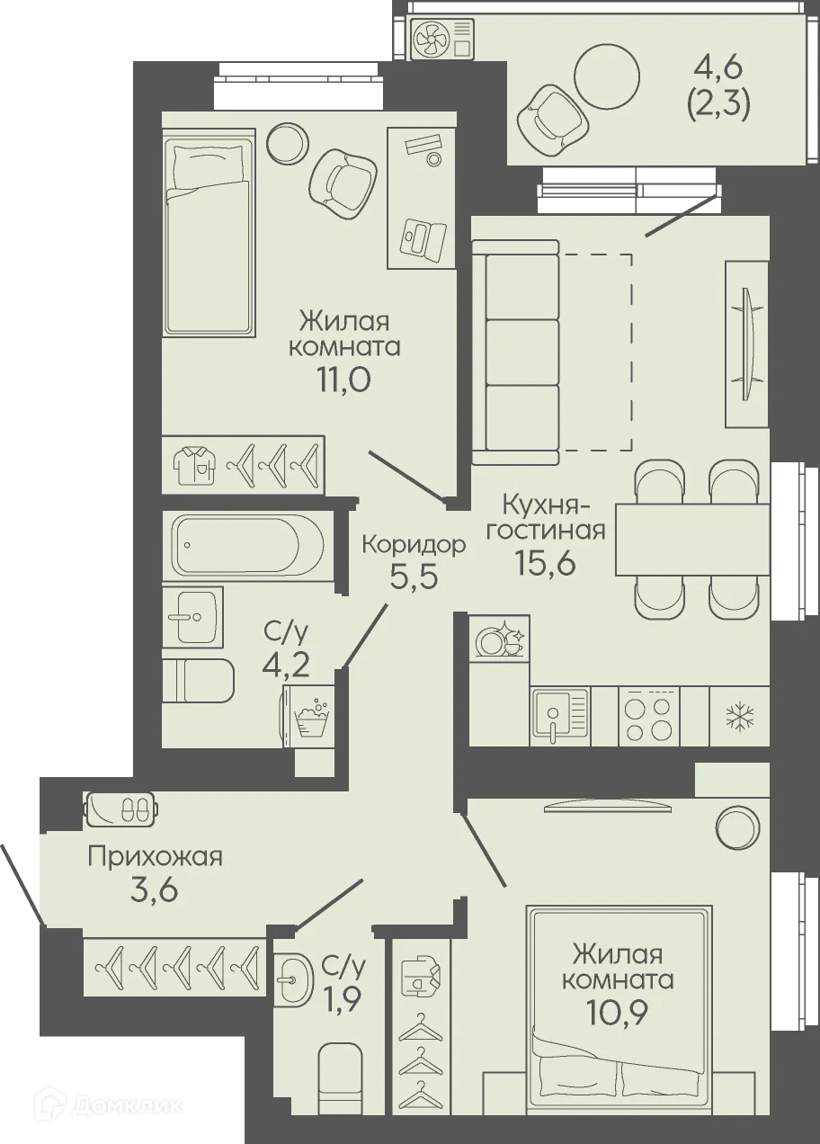 Планировка 2-комнатной квартиры 55.1 м² в ЖК Крылья Качи, г. Волгоград — фото 1