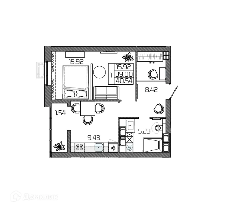 Планировка 1-комнатной квартиры 40.54 м² в ЖК СЕЛЕНА, г. Волгоград — фото 2