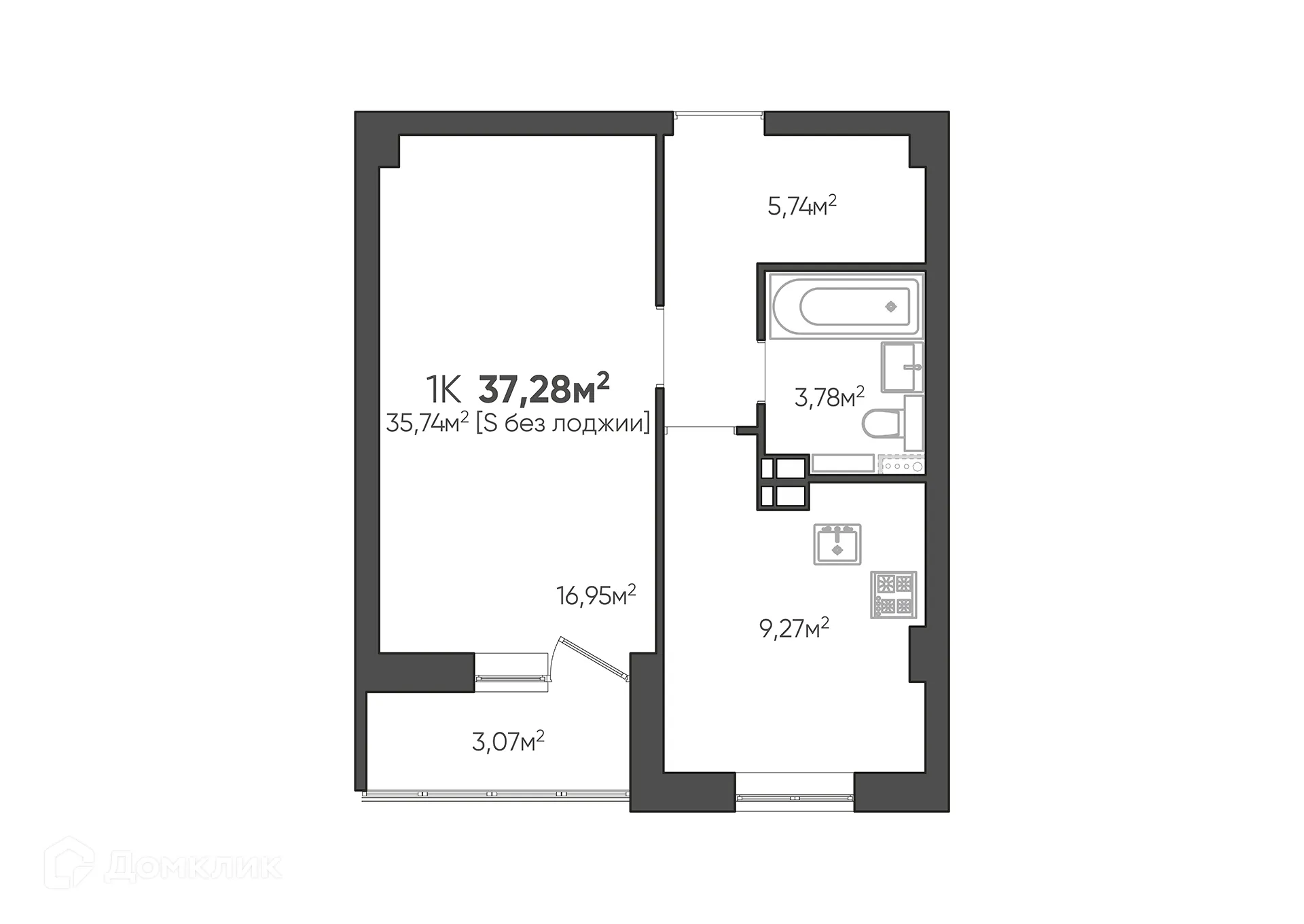 Планировка 1-комнатной квартиры 37.28 м² в ЖК Парк Европейский, г. Волгоград — фото 2