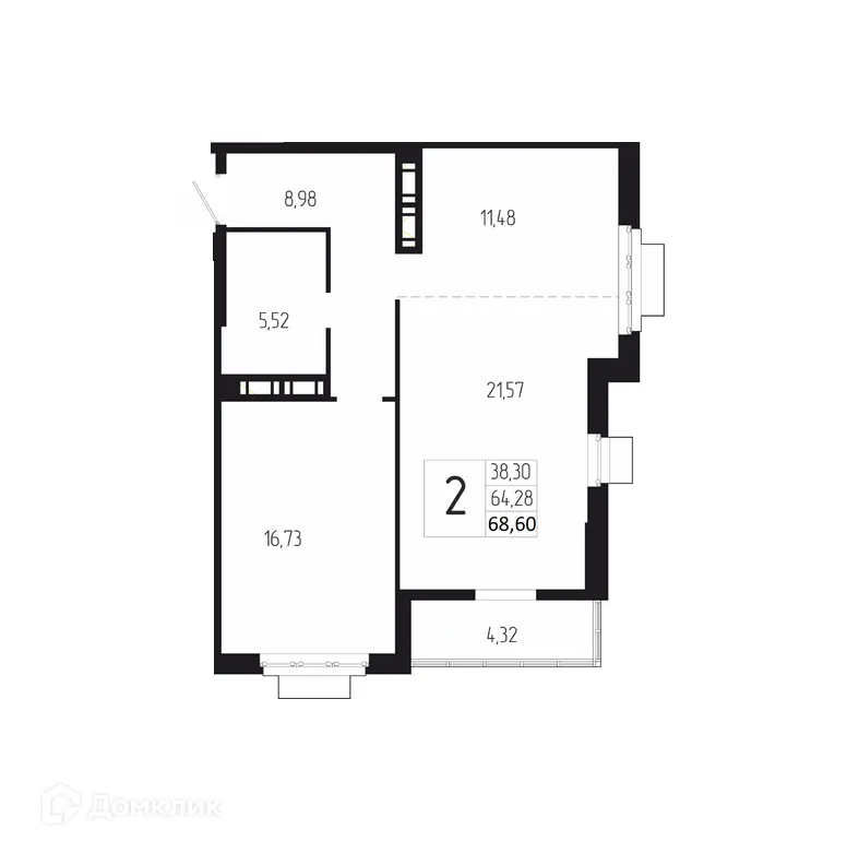 Планировка 2-комнатной квартиры 68.6 м² в ЖК ДУЭТ, г. Волгоград — фото 1