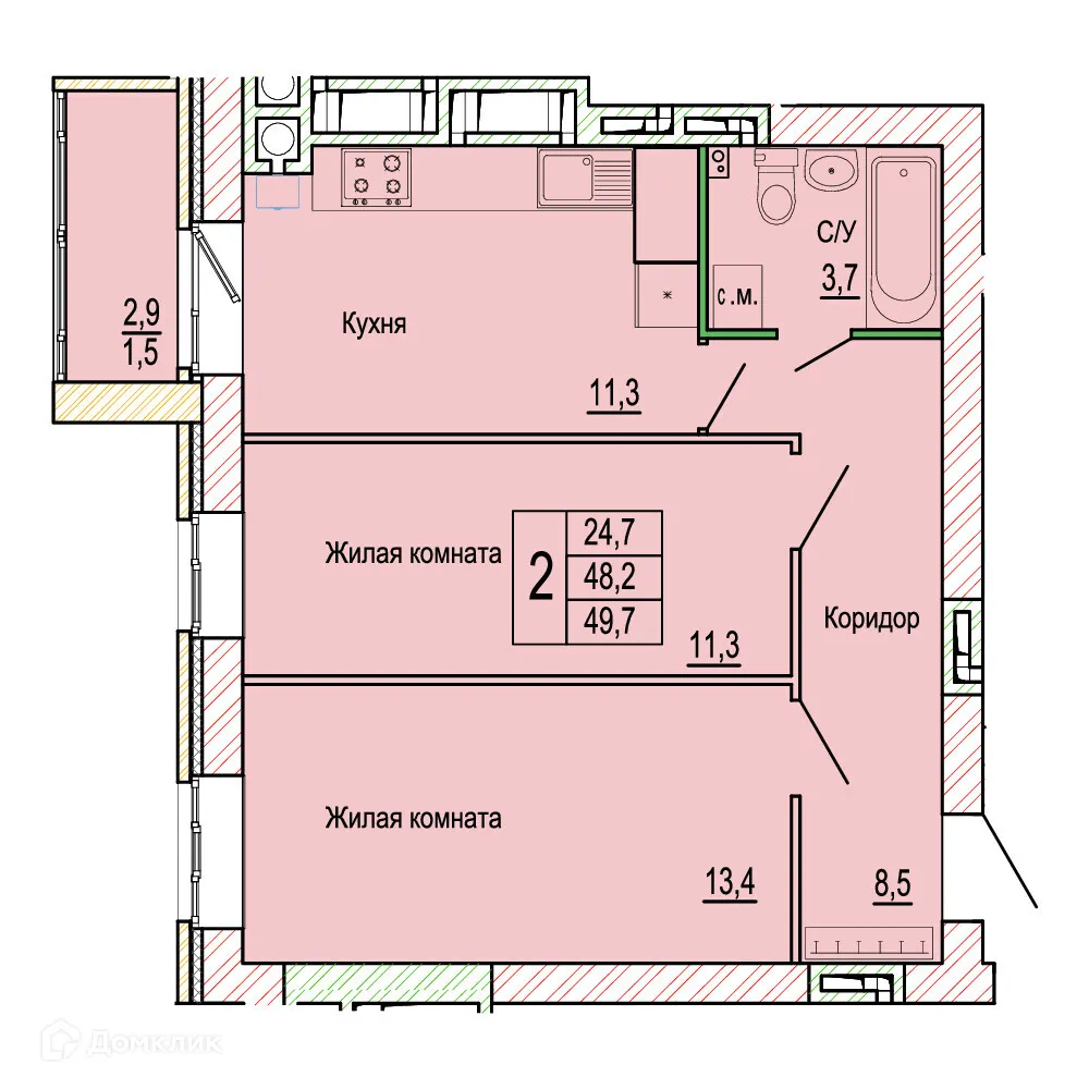 Планировка 2-комнатной квартиры 49.7 м² в ЖК Колизей, г. Волгоград — фото 19