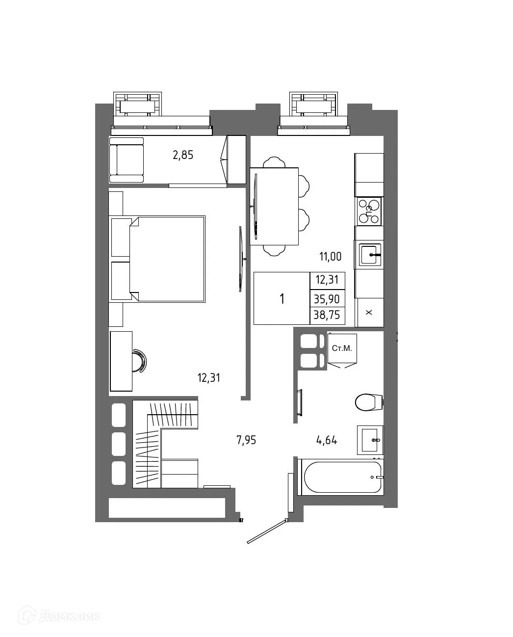 Планировка 1-комнатной квартиры 38.75 м² в ЖК ОМЕГА, г. Волгоград — фото 14