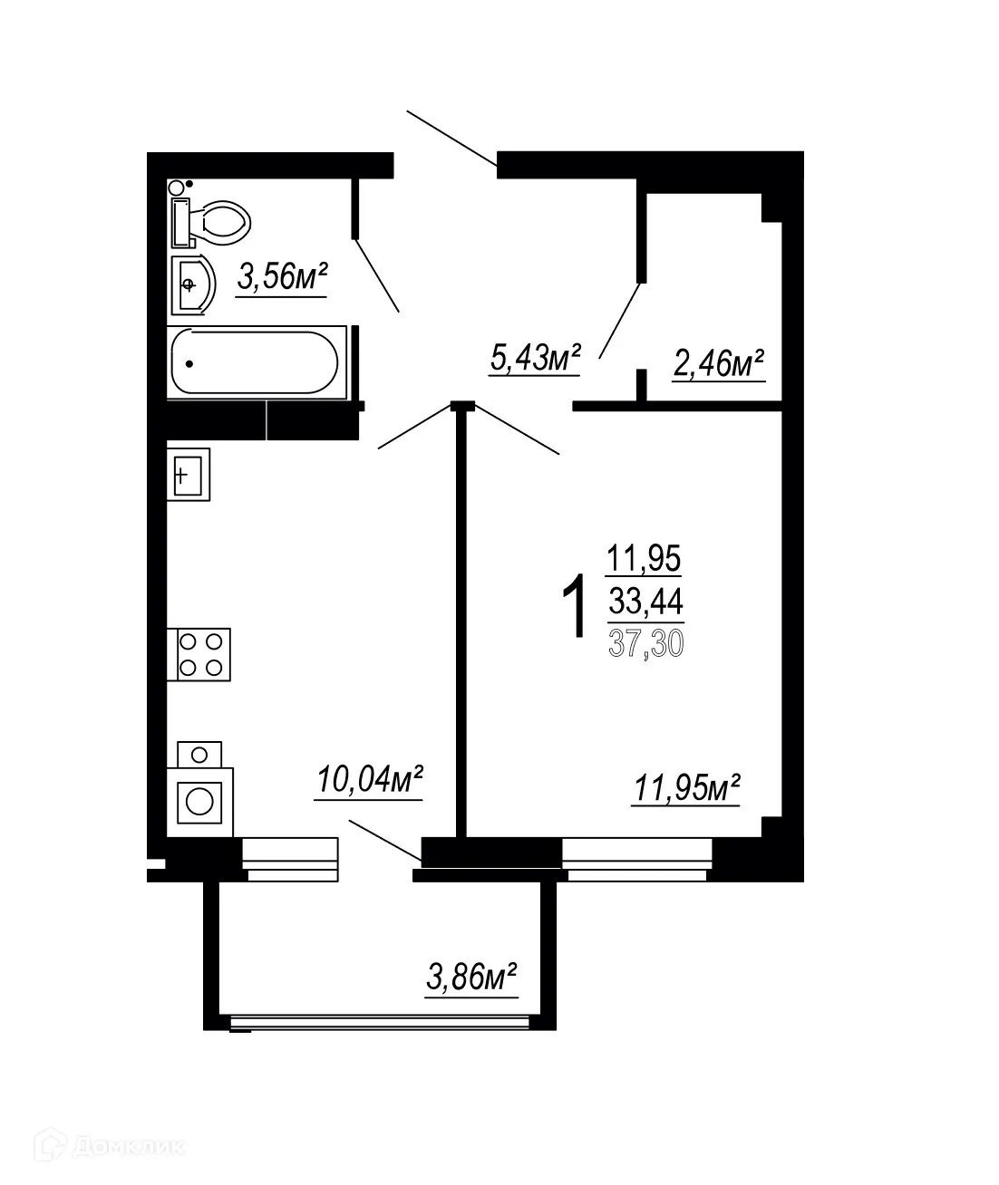 Планировка 1-комнатной квартиры 37.3 м² в ЖК по улице Полины Осипенко, г. Волгоград — фото 1