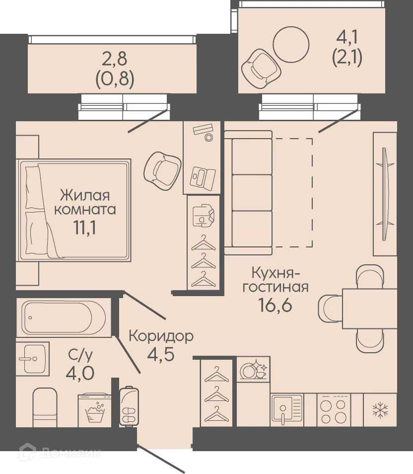 Планировка 1-комнатной квартиры 39.1 м² в ЖК Крылья Качи, г. Волгоград — фото 3